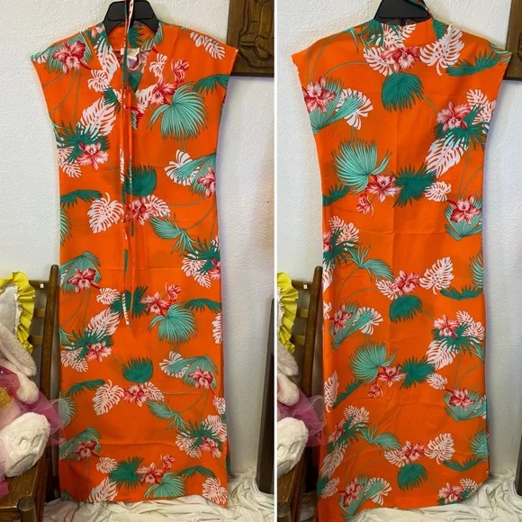 Waltah Clarke (?) “Kamaile” Vintage Hawaiian Shops Maxi Dress Orange 70s SMALL - Picture 3 of 15